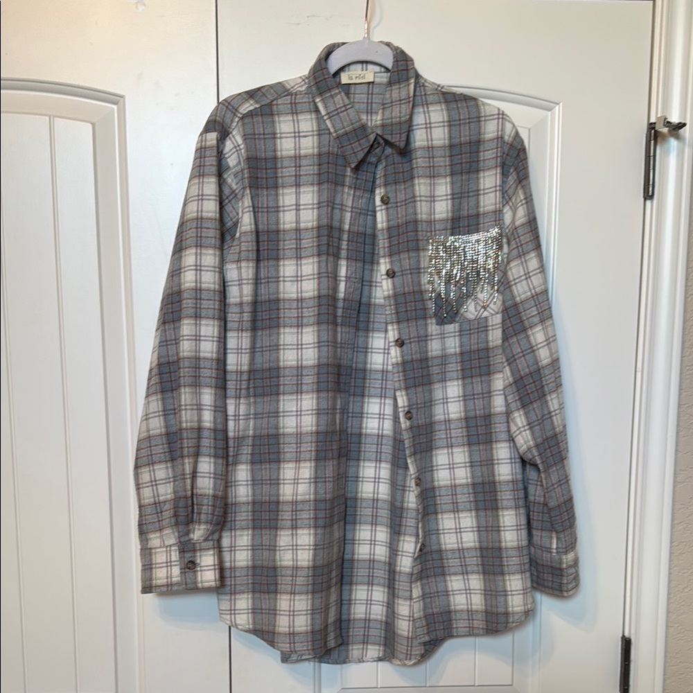 Plaid Button-Up Shirt with Sequin Pocket